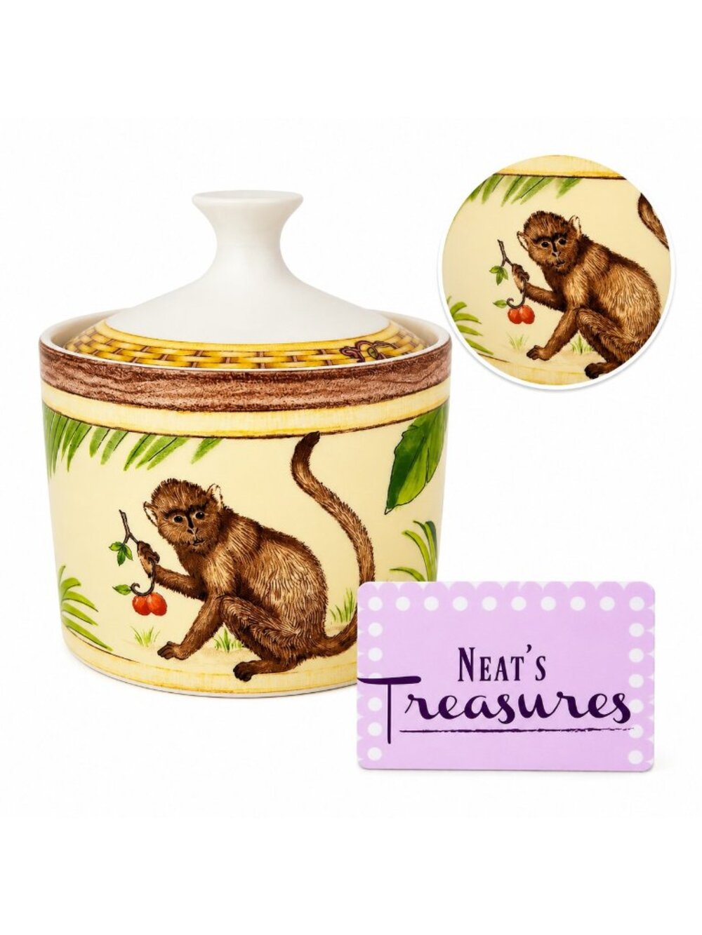 American Atelier MONKEY 5029 Jungle Fruit Bamboo Rim Porcelain Lidded Sugar Bowl